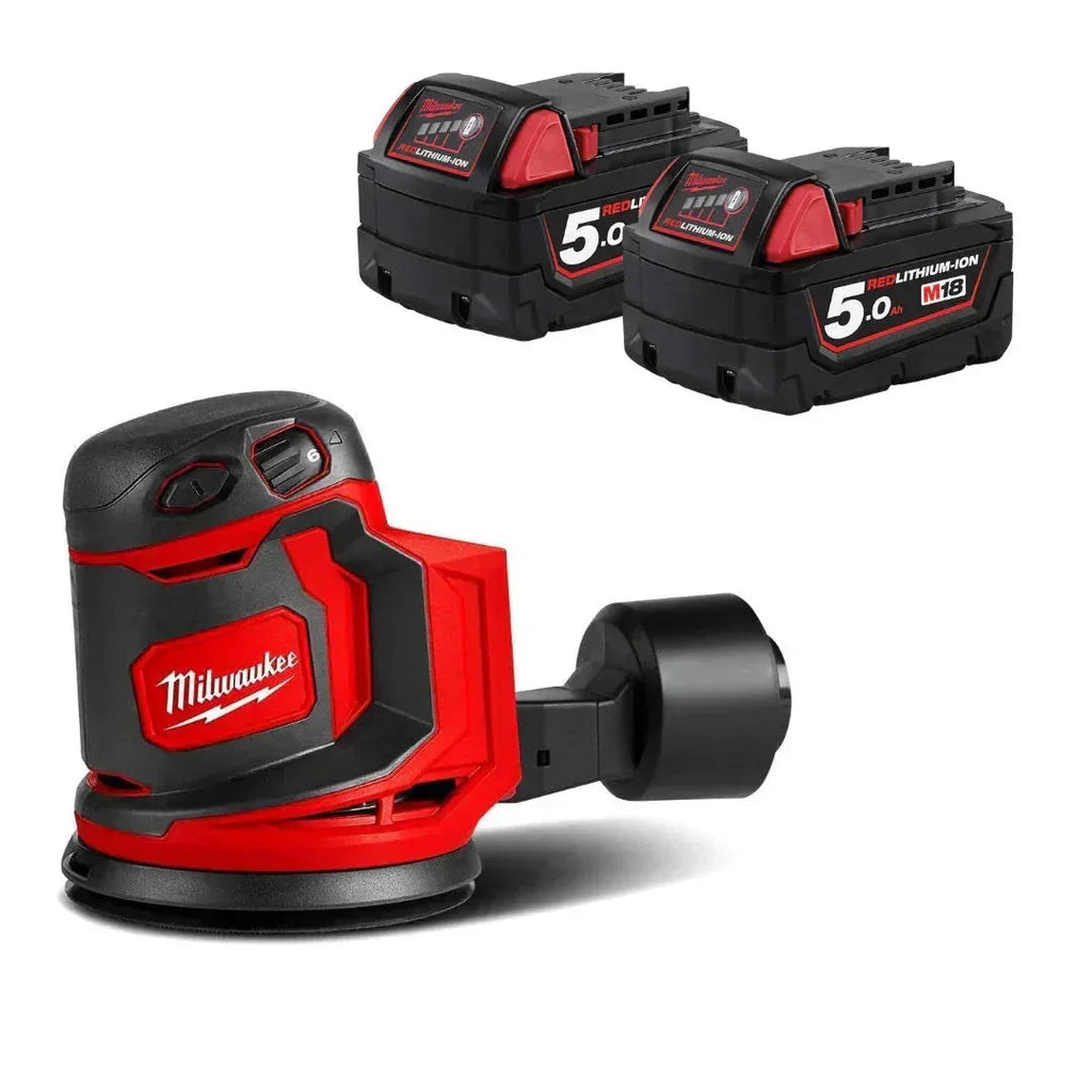 Milwaukee M18 BOS125-0 Cordless Orbital Sander with Twin 5.0Ah Batteries – 18V Power Tool Kit